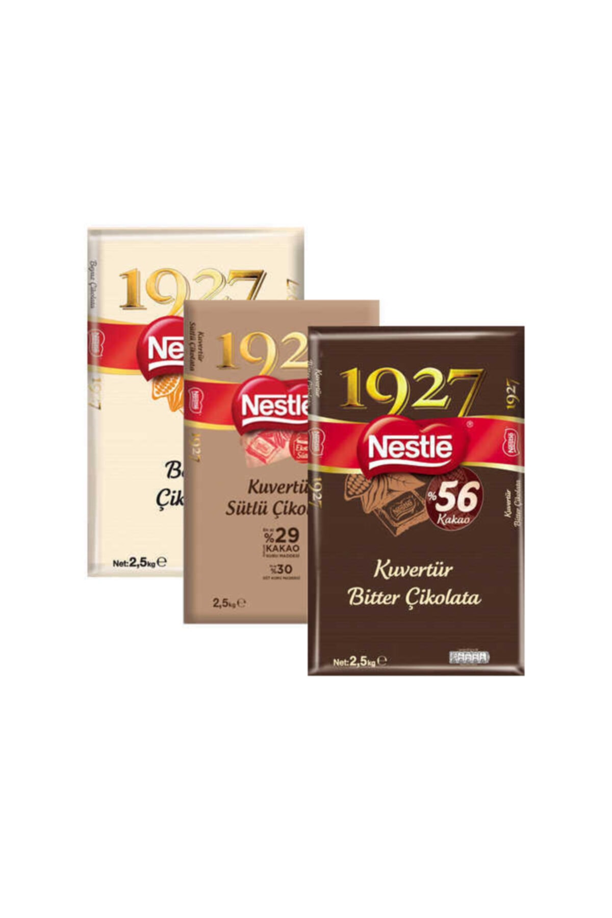 Nestle 1927 Professional Kuvertür Çikolata Beyaz + Sütlü + Bitter 3lü Set 2.5kg resmi