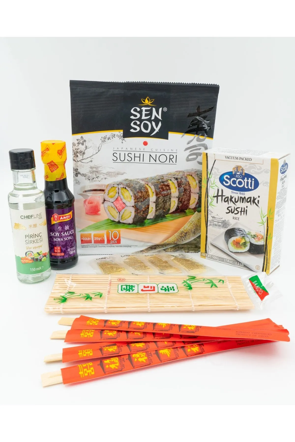 Sushi Seti Başlangıç, Sushi Yosun, Pirinç Sirkesi, Soya Sosu, Sushi Pirinci, Bamboo Mat, Chopstick resmi